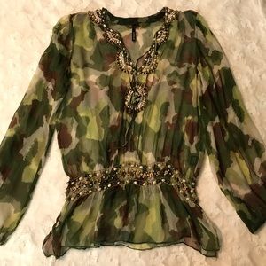 Kay Celine Beaded V-neck Sheer Blouse, L